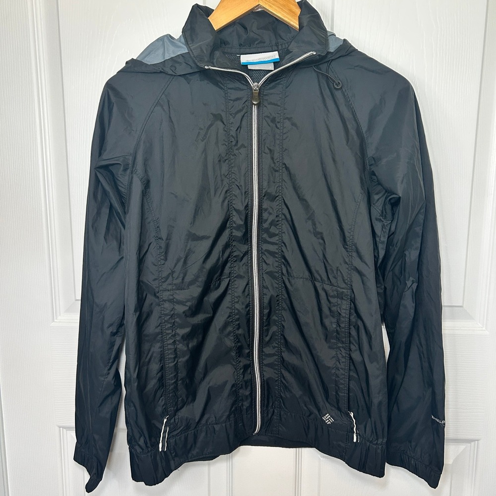 Columbia Mens Jacket Small Windbreaker Zip‎ Hooded Black Lightweight OmniShield
